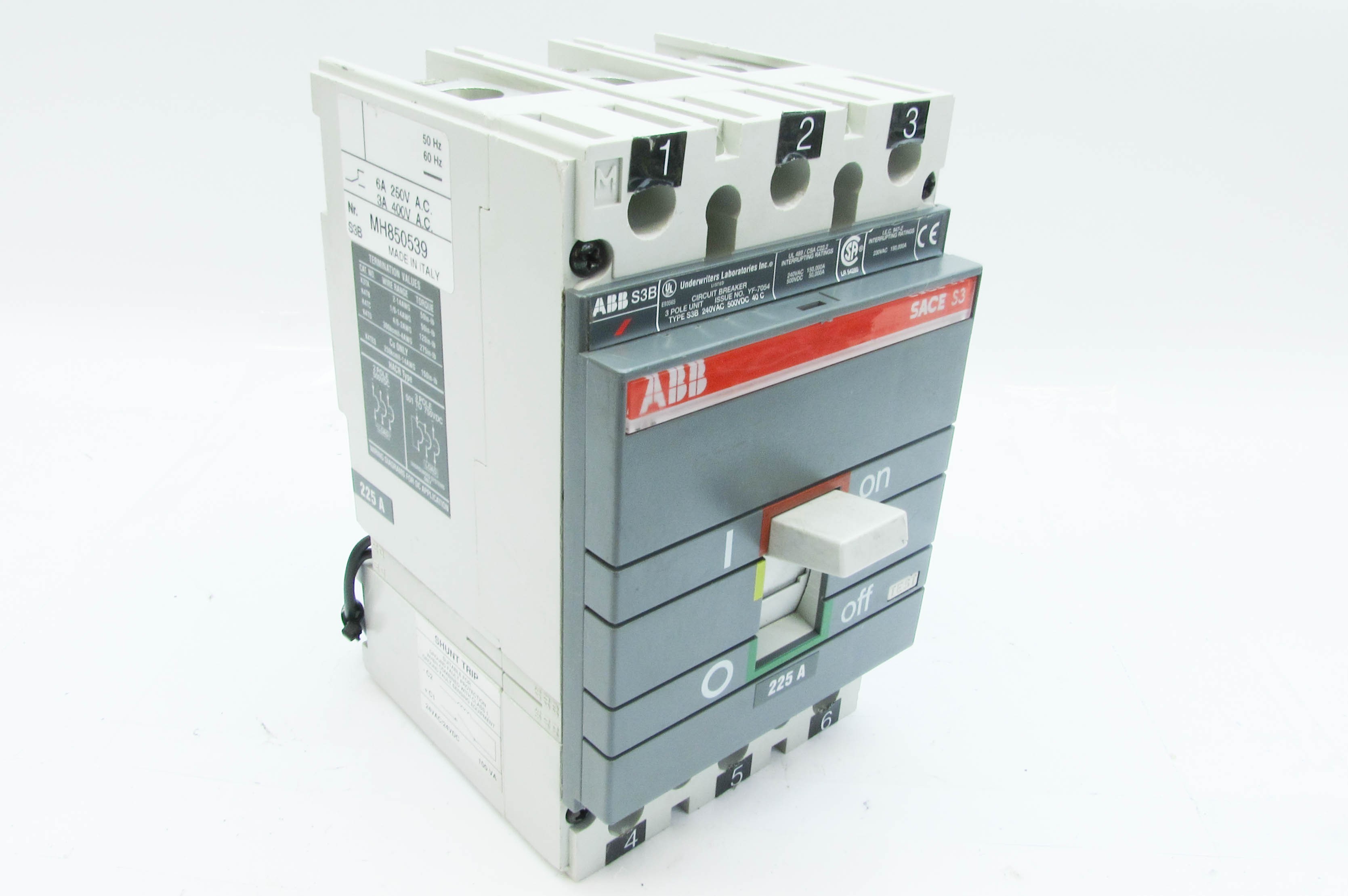 ABB S3B225 225A 3P 240V Circuit Breaker w Auxiliary Switch and Shunt
