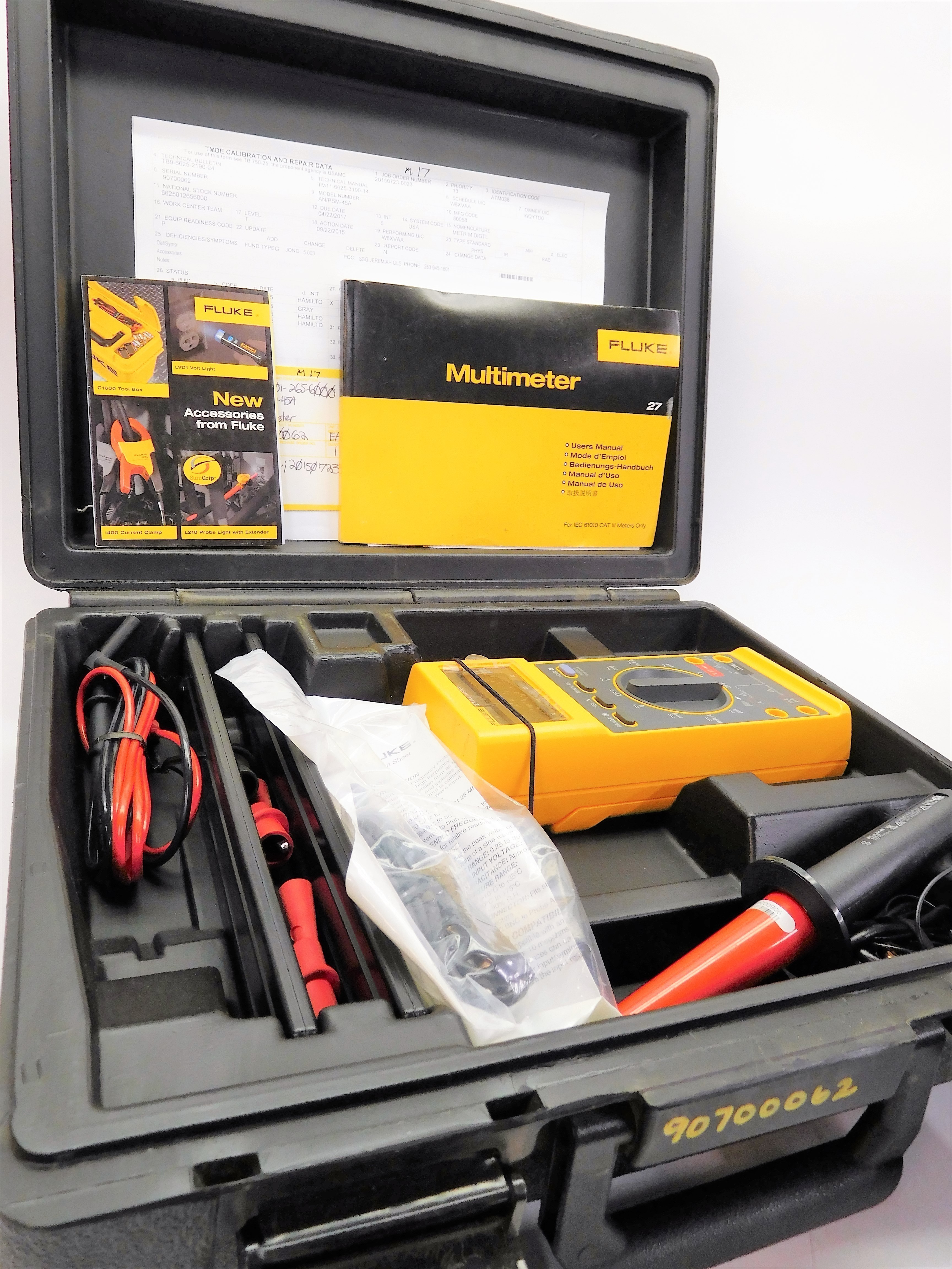 FLUKE 27/FM ( 27II ) Yellow Digital Multimeter w/ Lead Tests, Alligator Clips,